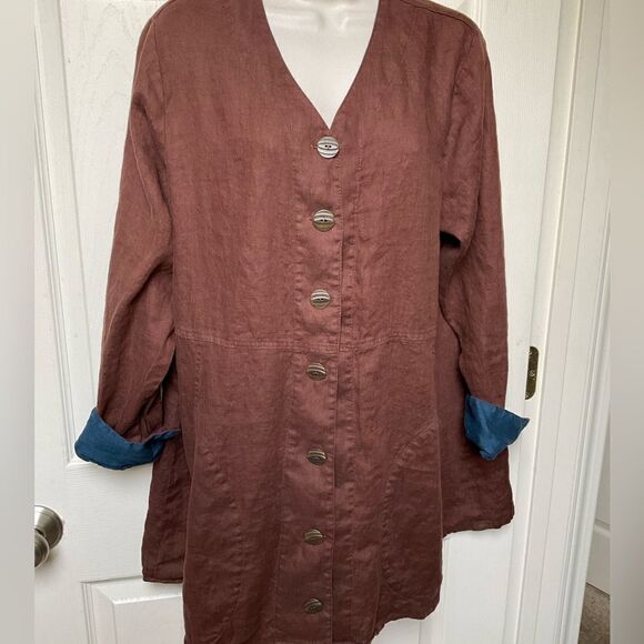 FLAX Designs Linen Jacket Brown‎ Contrast Cuff M - Picture 2 of 16